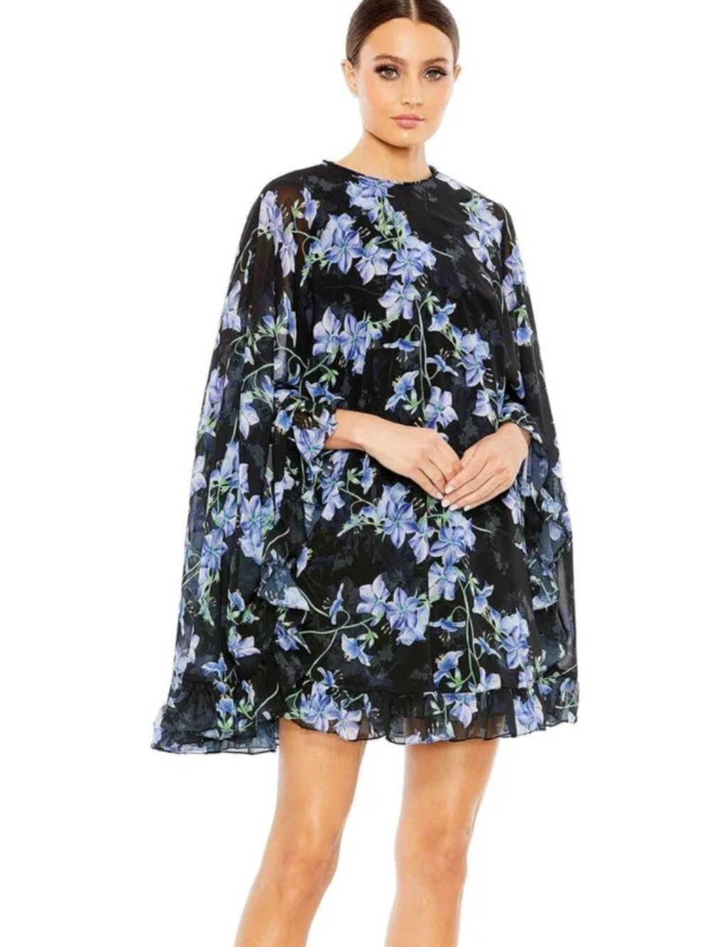 Ieena for Mac Duggal Floral Cape Cocktail Dress Black Multi Size 2 NWT